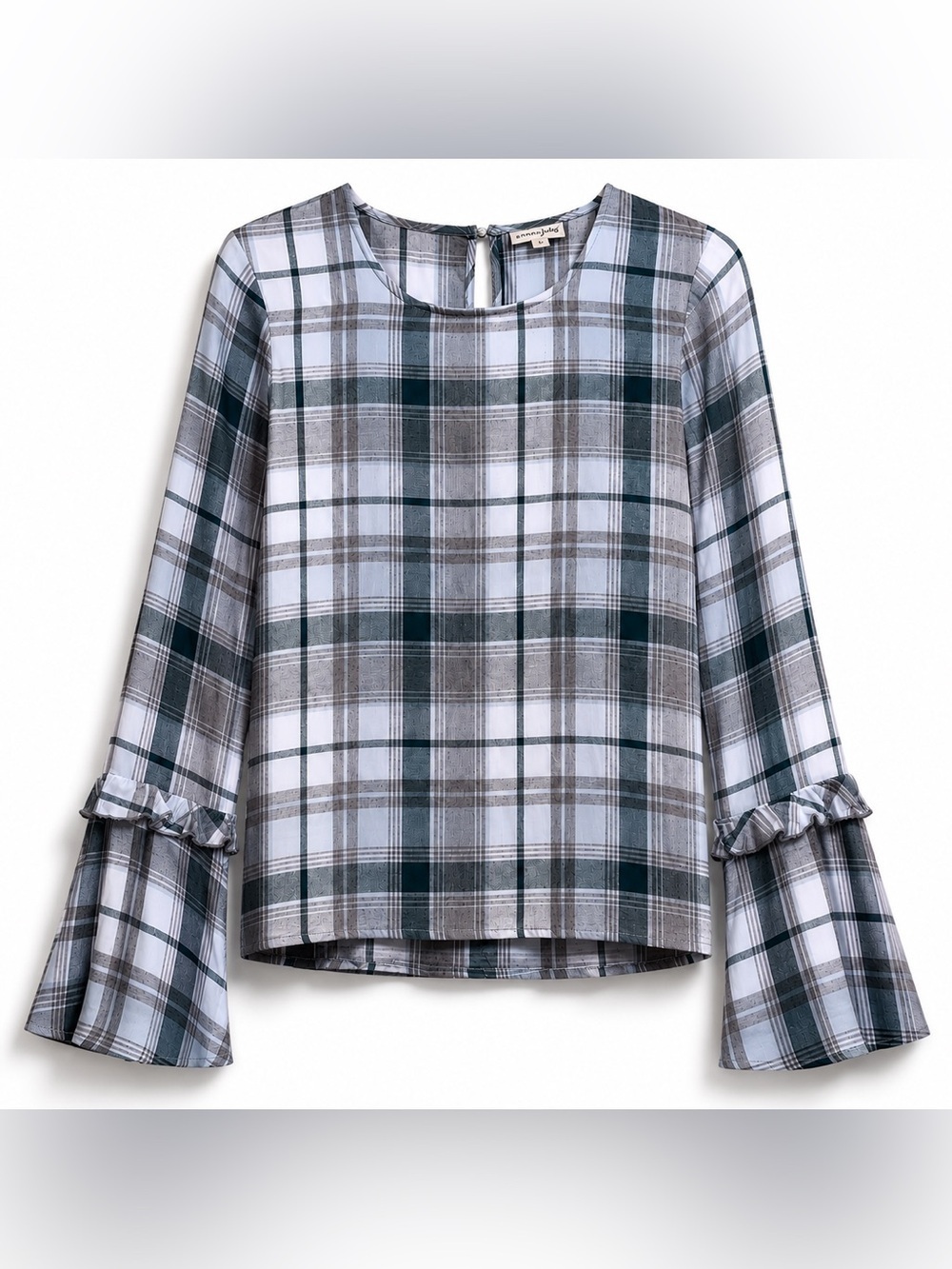 Maison Jules | NWT Plaid Round Neck Sea Cave Peekaboo Long Sleeve Bell Cuffs S